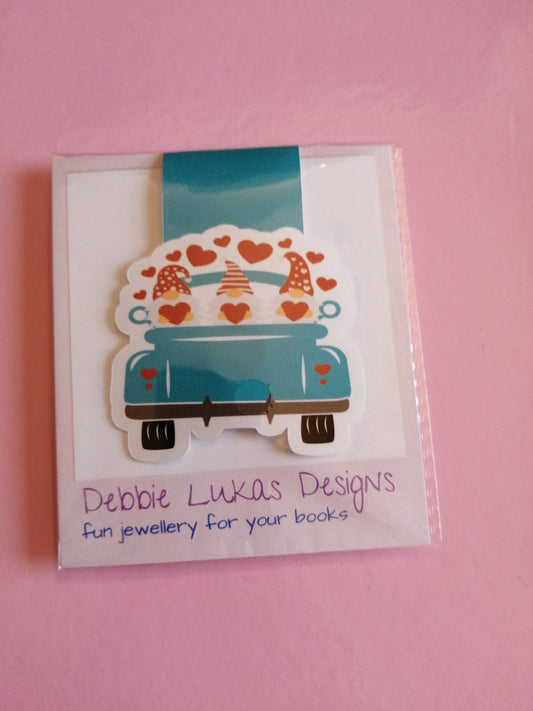 Valentine: Blue truck gnomes sharing hearts Magnetic Bookmark